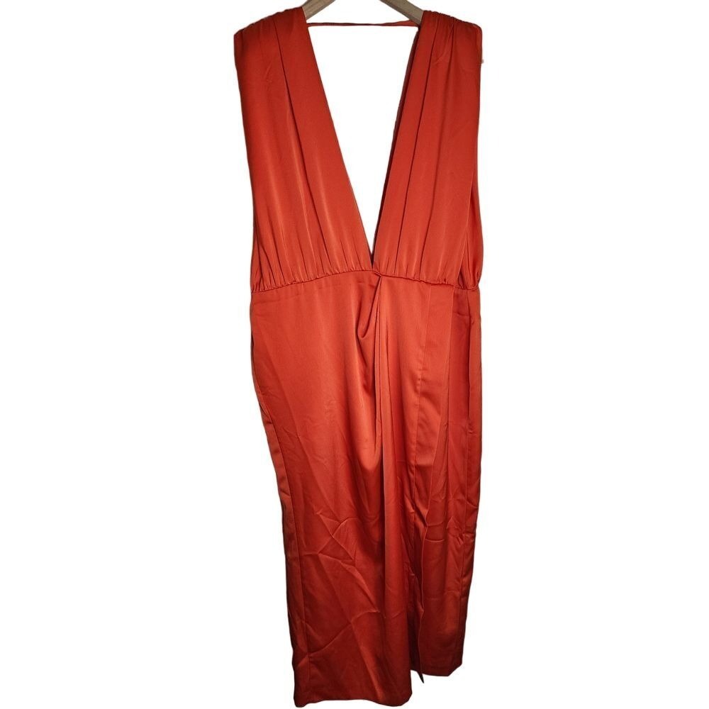 ASOS Dress Women 14 Red Cocktail Midi Deep V-Neck Pleated Satin 06976495